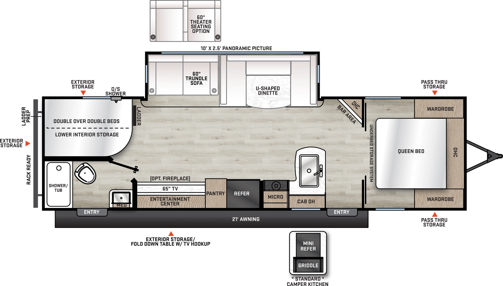 The Catalina Legacy Edition 273DBH floorplan has two entries and one slide out. Exterior features include: metal exterior, 21' awning and outside kitchen. Interiors features include: bunk beds, u-dinette and front living.